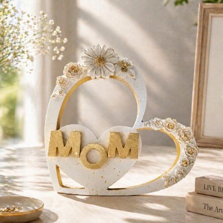 Handcrafted Mom Heart Shaped Wooden Table Decor with Ceramic Art